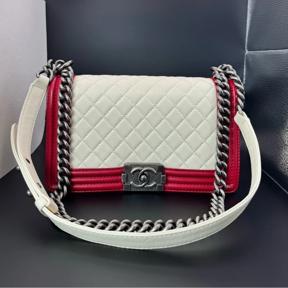Authentic Chanel Medium Boy Bag – Rare Red & White Quilted Leather
